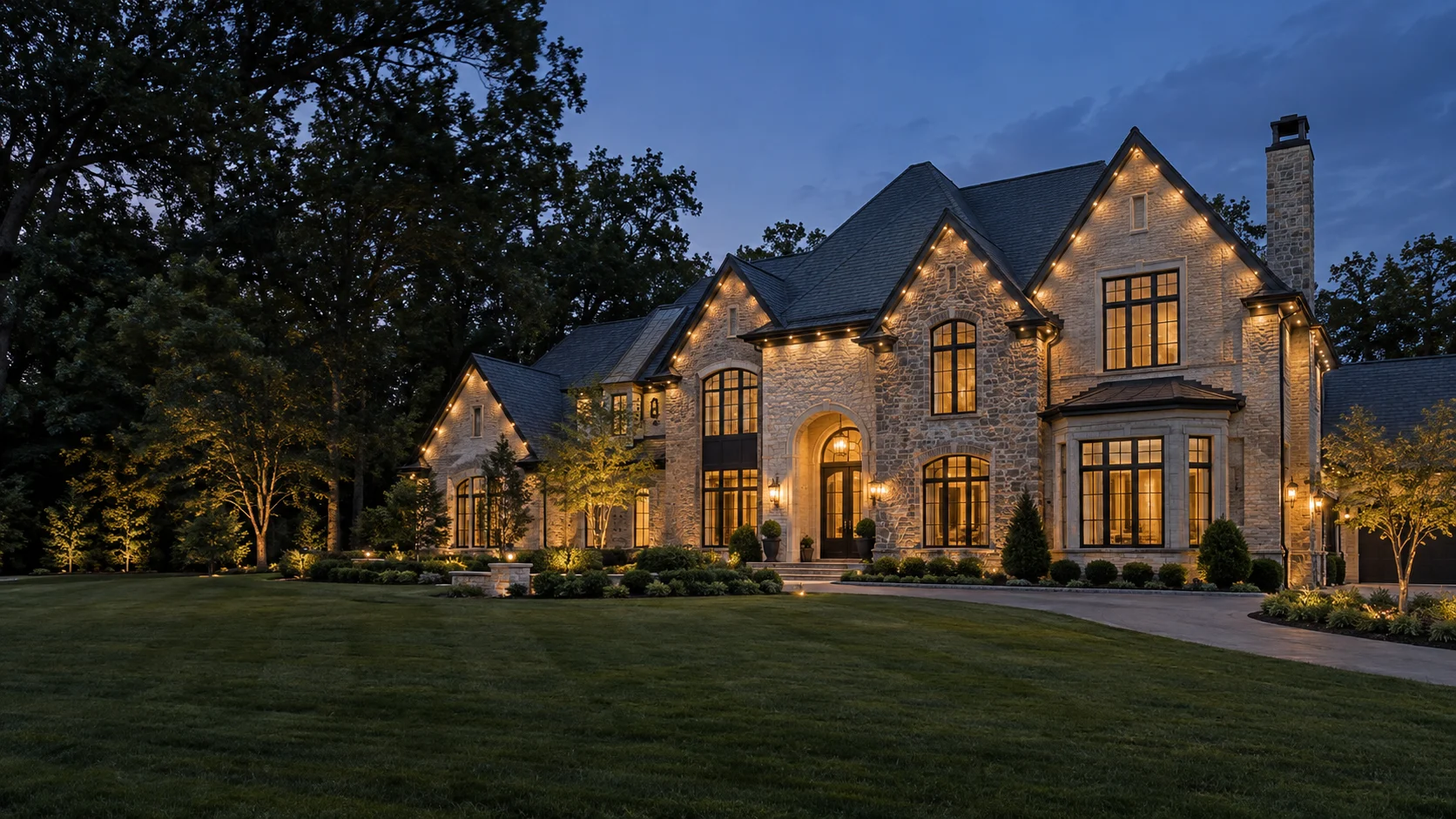 Illustrative stone home with warm white permanent exterior lighting